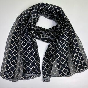 Vintage Echo Silk Scarf Black Cream Geometric Grid Lightweight